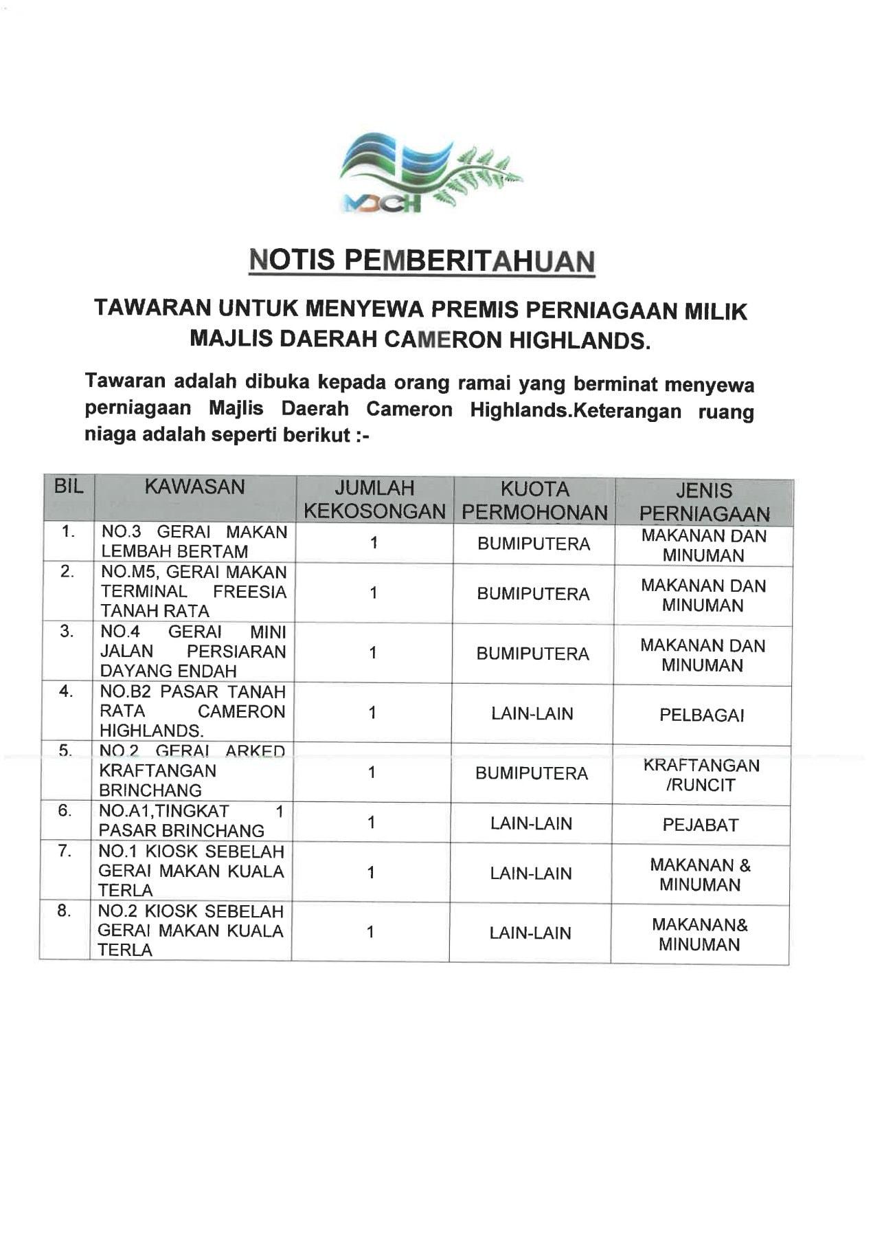 TAWARAN UNTUK MENYEWA PREMIS PERNIAGAAN MILIK MAJLIS DAERAH CAMERON HIGHLANDS