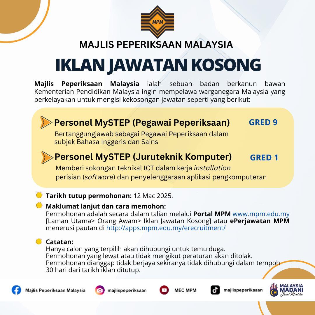 IKLAN JAWATAN KOSONG (MAJLIS PEPERIKSAAN MALAYSIA)