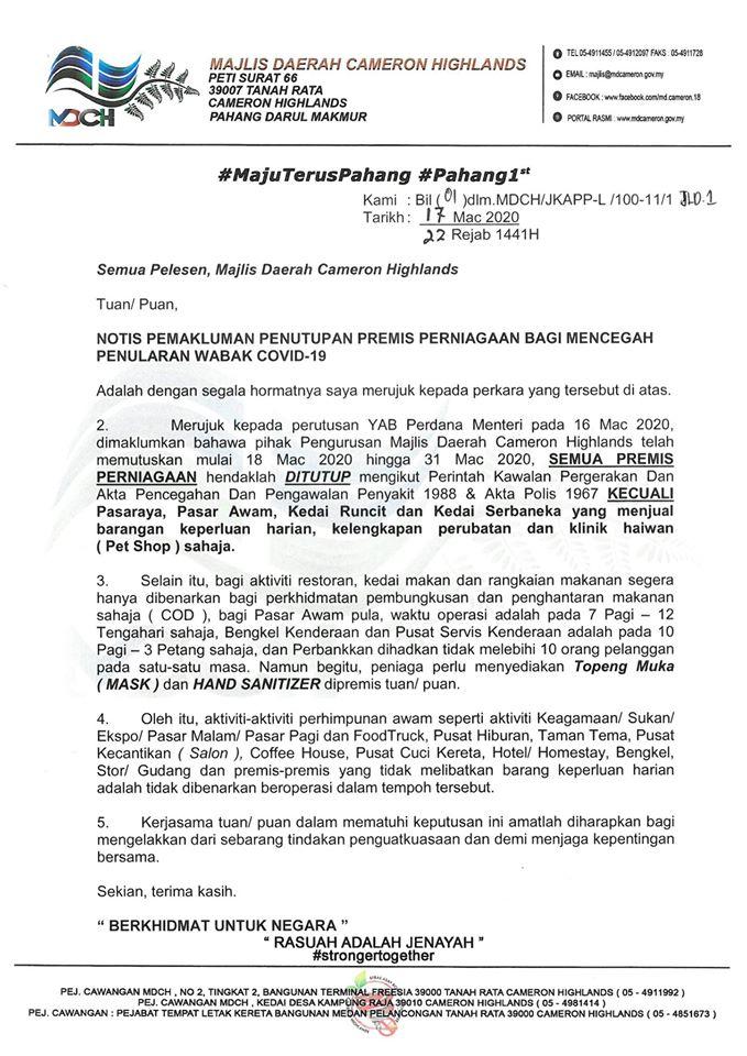 NOTIS PEMAKLUMAN PENUTUPAN PREMIS PERNIAGAAN BAGI MENCEGAH PENULARAN WABAK COVID-19
