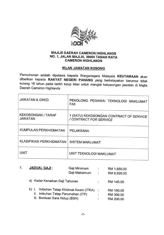 PENOLONG PEGAWAI TEKNOLOGI MAKLUMAT GRED FA5 (COS)